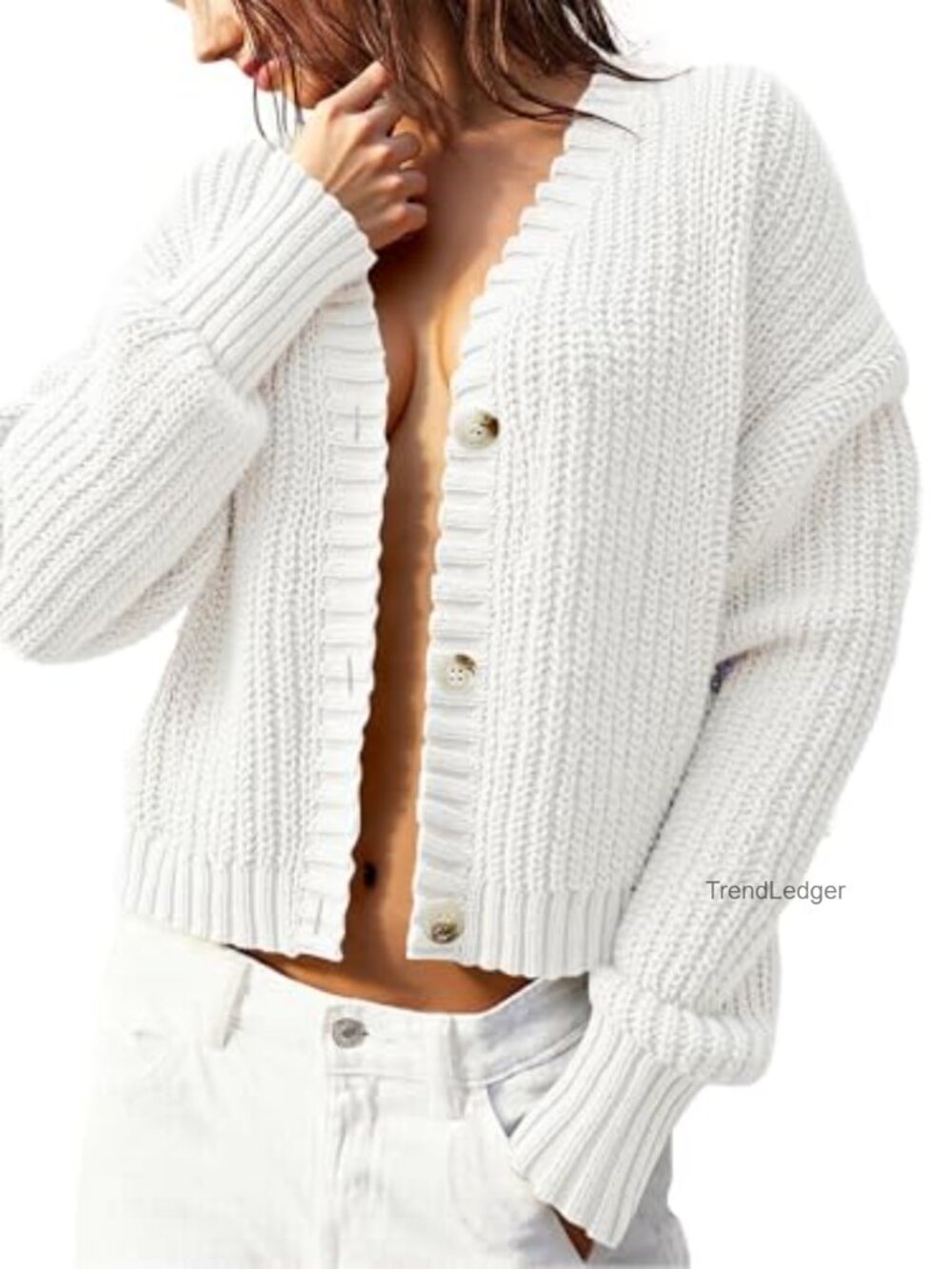 Chunky Knit Cardigan - Waffle Button Down Oversized V Neck Fall Sweater - Picture 5 of 6